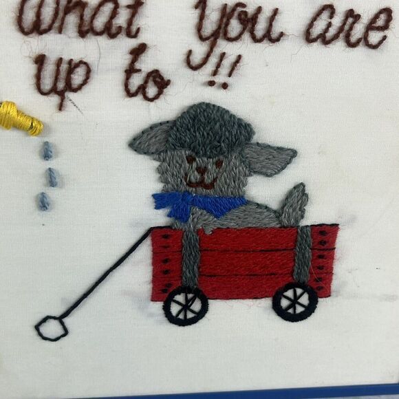 Vintage Framed Crewel Embroidery Picture Fireman Young Boy Wagon Dog "Smile" - Picture 5 of 11